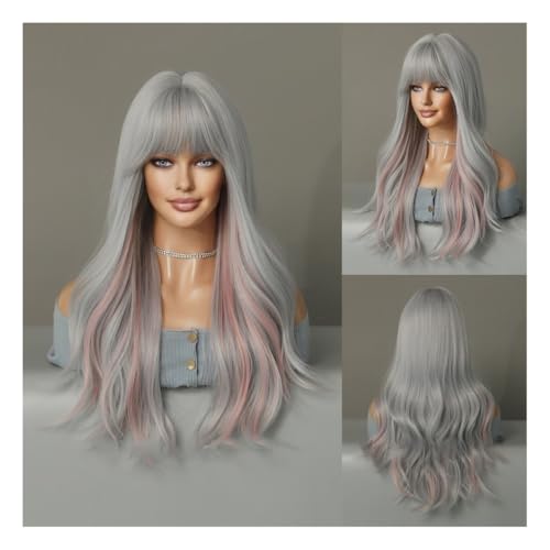 Damenperücke Modeperücke Neue Mode Perücke Frauen Lange Lockige Haar Kopf Set Europäischen Und Amerikanischen Stil Pony Gefärbt Haar Große Welle Haar set Perücke(Silver(pinkhighlight)) von CHENGAIJIAN