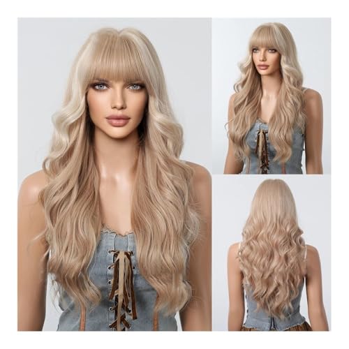 Damenperücke Modeperücke Perücke Damen Langes Haar Lockiges Haar Doppelte Farbe Optional Qi Bangs Big Wave Fashion Highlight Dye Whole Top Hair Set Perücken Perücke(Brown) von CHENGAIJIAN