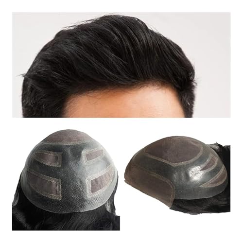 Perücken für Männer Herren-Kapillarprothese, Spitze, Toupet, Echthaar-Perücken, vorne, Schweizer Spitze, Haaransatz, atmungsaktive indische Echthaar-Perücken Perücke(Black,6x8) von CHENGAIJIAN