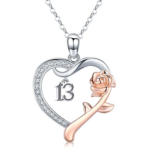 13. Geburtstag Halskette, Roseflower Herz Kette 925 Sterling Silber Nummer 13. Geburtstag Jahrestag Initial Anhänger Personalisierten Schmuck Geschenk für Mädchen Frauen von CHENGHONG