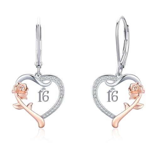 16. Geburtstag Ohrringe, Rosenblume Herz Ohrringe Silber 925 Hängend Nummer 16. Geburtstag Jubiläum Creolen Klein Ohrringe Schmuck 16. Geburtstag Geschenke für Mädchen Frauen...… von CHENGHONG