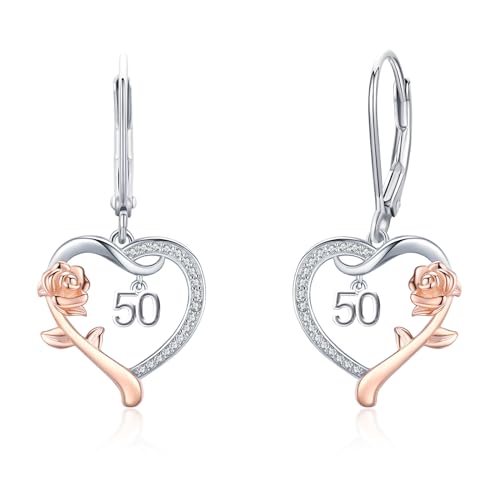 50. Geburtstag Ohrringe, Rosenblume Herz Ohrringe Silber 925 Hängend Nummer 50. Geburtstag Jubiläum Creolen Klein Ohrringe Schmuck 50. Geburtstag Geschenke für Damen Frauen...… von CHENGHONG