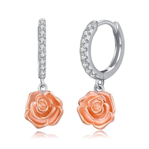 Blumen-Ohrringe Rosen Silber 925 Rosen Hängend Ohrringe Mädchen Creolen Klein Rosen Schmuck Geschenke für Mädchen Damen Frauen Mütter von CHENGHONG