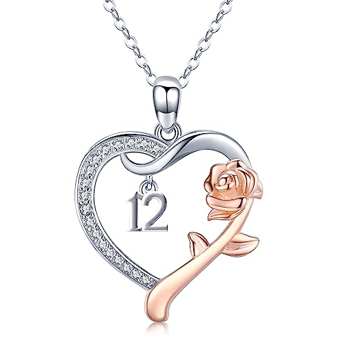 CHENGHONG 12. Geburtstag Halskette, Roseflower Herz Kette 925 Sterling Silber Nummer 12. Geburtstag Jahrestag Initial Anhänger Personalisierten Schmuck Geschenk für Mädchen Frauen… von CHENGHONG