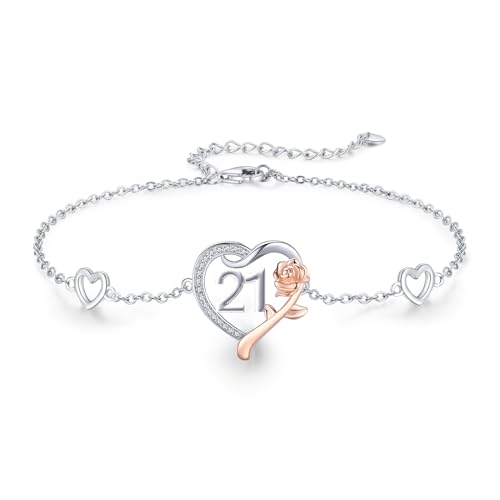 CHENGHONG 21 Geburtstag Mädchen, Personalisiert Armband 925 Sterling Silber Rosen Herz Armband Zahl Jahrestag Geschenke zum 21 Geburtstag… von CHENGHONG