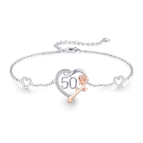 CHENGHONG 50 Geburtstag Mädchen, Personalisiert Armband 925 Sterling Silber Rosen Herz Armband Zahl Jahrestag Geschenke zum 50 Geburtstag… von CHENGHONG