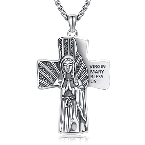 CHENGHONG Heilige Maria Kette 925 Sterling Silber Kruzifix Maria Anhänger Halskette Religiöser Schmuck Geschenke für Männer Frauen Vater Freund von CHENGHONG