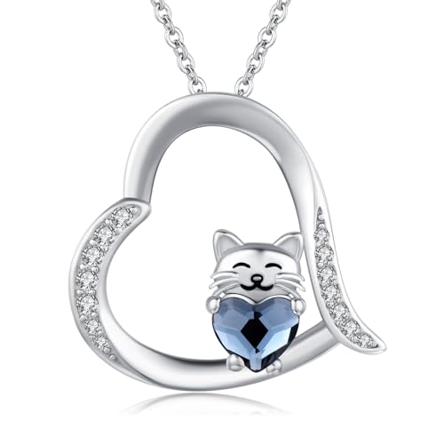 CHENGHONG Katze Kette Damen 925 Sterling Silber Katzen Anhänger Herz Halskette mit Blauer Kristall Katze Schmuck Geschenke für Frauen Mädchen… von CHENGHONG