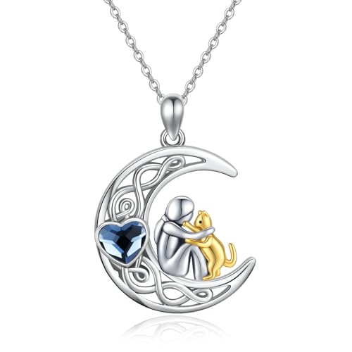 CHENGHONG Katze Kette Damen 925 Sterling Silber Keltischer Mond Katzen Anhänger Halskette mit Blauer Kristall Katze Schmuck Geschenke für Frauen Mädchen… von CHENGHONG