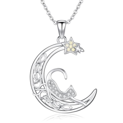 CHENGHONG Katzen Kette Damen 925 Sterling Silber Keltischer Mond Katze Anhänger Halskette Stern Katze Schmuck Geschenke für Frauen Mädchen von CHENGHONG