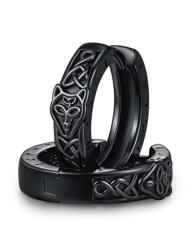 CHENGHONG Schwarz Creolen Männer 925 Silber Wikinger Wolf Keltische Knoten Ohrringe Unisex Wikinger Schmuck für Herren Frauen von CHENGHONG