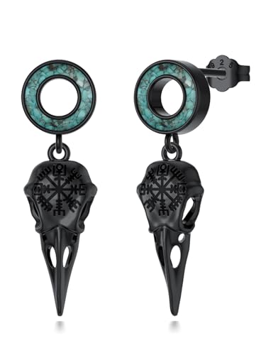 CHENGHONG Schwarze Krähenschädel Ohrringe Silber 925 Türkis Tropfen Hängend Schwarz Krähenschädel Ohrstecker Gothic Schmuck Geschenke für Frauen Männer von CHENGHONG