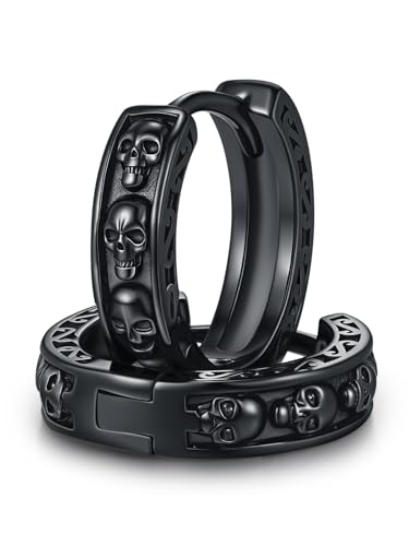 CHENGHONG Schwarze Totenkopf Creolen Silber 925 Totenkopf Ohrringe Gothic Schmuck Geschenke für Herren Frauen Männer von CHENGHONG