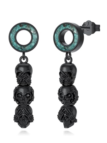 CHENGHONG Schwarze Totenkopf Ohrringe Silber 925 Türkis Tropfen Hängend Schwarz Totenkopf Ohrstecker Gothic Schmuck Geschenke für Frauen Männer von CHENGHONG