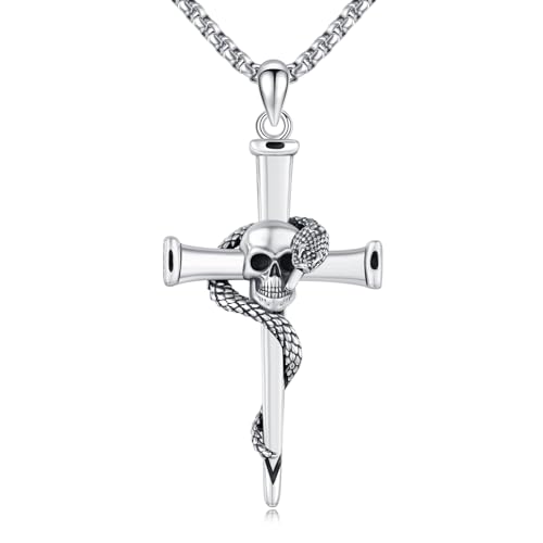 CHENGHONG Totenkopf Kette Kreuz 925 Sterling Silber Gothic Schlange Halskette Amulett Anhänger Halloween Schmuck Geschenke für Männer Damen 20+2 Zoll von CHENGHONG