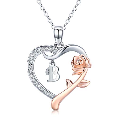 Damen Buchstaben Kette,925 Sterling Silber Namen Silber Halskette Brief des Alphabets Rosen Herz Anhänger personalisierte Schmuck für Tochter (B) von CHENGHONG