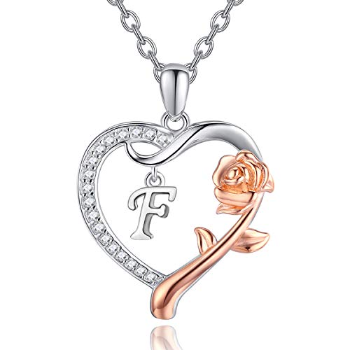 Damen Buchstaben Kette,925 Sterling Silber Namen Silber Halskette Brief des Alphabets Rosen Herz Anhänger personalisierte Schmuck für Tochter (F) von CHENGHONG