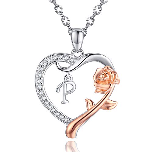 Damen Buchstaben Kette,925 Sterling Silber Namen Silber Halskette Brief des Alphabets Rosen Herz Anhänger personalisierte Schmuck für Tochter (P) von CHENGHONG