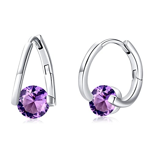 Februar Ohrringe 925 Sterling Silber Amethyst Creolen Ohrringe Huggie Ohrringe für Damen Mädchen Schmuck Geschenk für Geburtstag von CHENGHONG