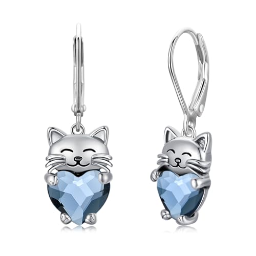 Katze Creolen Ohrringe 925 Sterling Silber Katzen Tropfen Hängend Leberback Ohrringe mit Blauem Kristall Klein Katze Schmuck Geschenke für Damen Mädchen… von CHENGHONG