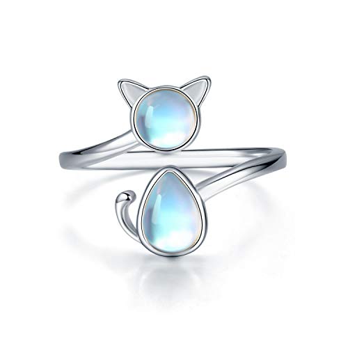 Katze Mondstein Ring 925 Silber Mondstein Ring Verstellbar Katzen Ring Stimmungsring Mädchen für Frauen, Katzen Schmuck Tier Katze Geschenke für Kinder Frauen Damen von CHENGHONG