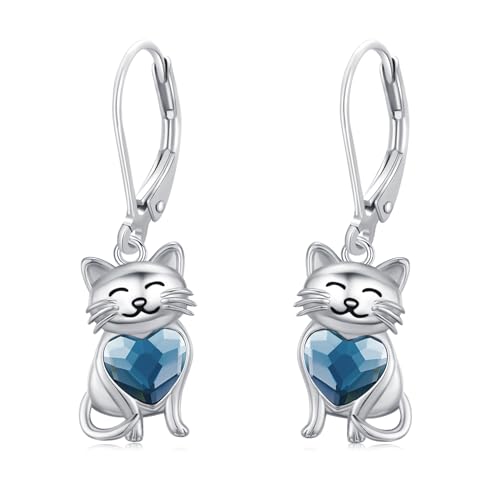 Katze Ohrringe Creolen 925 Sterling Silber Katzen Tropfen Hängend Leberback Ohrringe mit Blauem Kristall Katze Schmuck Geschenke für Kinder Damen… von CHENGHONG