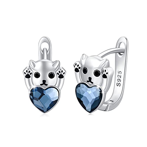 Katze Ohrringe Creolen Mädchen 925 Sterling Silber Leverback Tier Hoop Ohrringe mit Blauem Kristall - Schmuck für Frauen von CHENGHONG