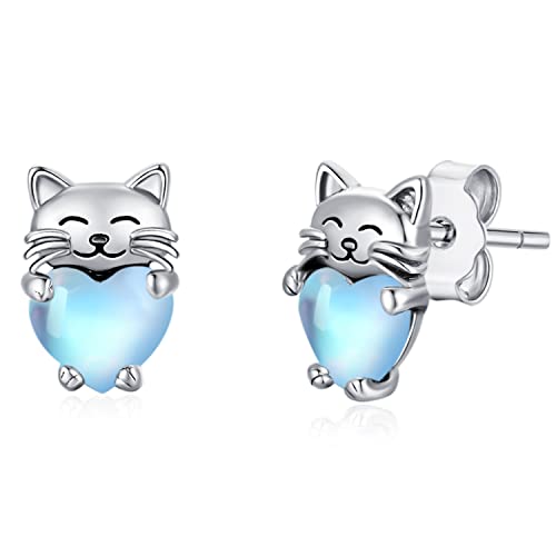 Katzen Ohrringe 925 Silber Katze Ohrstecker Mondstein Mädchen Stecker Katze Geschenke Schmuck für Kinder Damen von CHENGHONG