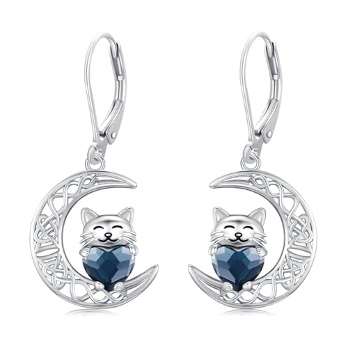 Katzen Ohrringe Creolen Mädchen 925 Silber Keltische Tropfen Hängend Leberback Ohrringe mit Blau Kristall Klein Katze Schmuck Geschenke für Kinder Damen… von CHENGHONG
