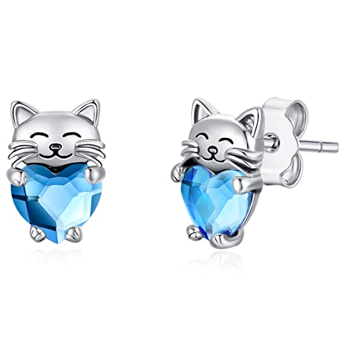 Katzen Ohrringe Silber 925 Katze Ohrstecker Geburtsstein Blau Katzen Geschenke für Mädchen Kinder Katzen Schmuck für Damen Katze Liebhaber von CHENGHONG