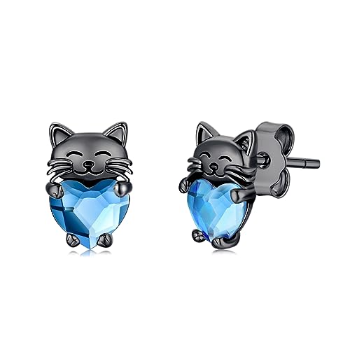 Katzen Ohrringe Mädchen 925 Silber Schwarze Katze Ohrstecker Hypoallergen Blau Kristall Stecker Katzen Schmuck Tier Geschenke für Kinder Damen…… von CHENGHONG