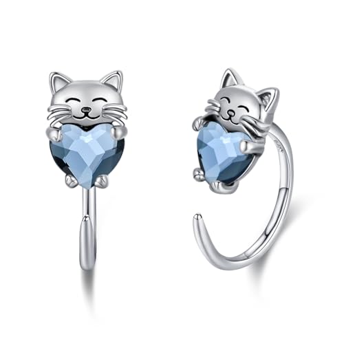 Katzen Ohrringe Mädchen 925 Sterling Silber Ohrstecker Katze Creolen Hälfte Blau Kristall Katzen Schmuck Tier Geschenke für Kinder Damen…… von CHENGHONG