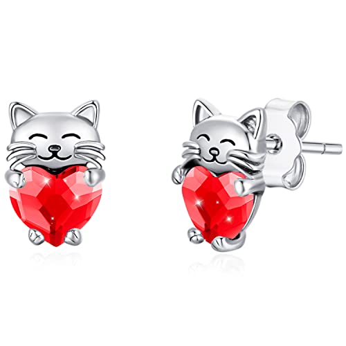 Katzen Ohrringe Silber 925 Mädchen Ohrringe Kinder Katze Ohrstecker mit Geburtsstein Rot Katzen Geschenke für Mädchen Katzen Schmuck für Damen Katze Liebhaber von CHENGHONG