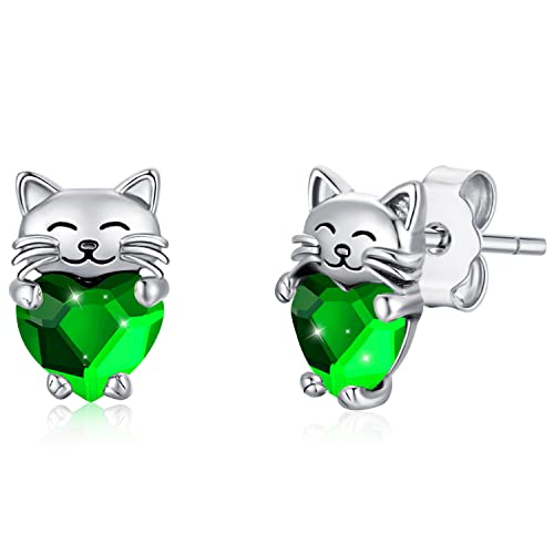 Katzen Ohrstecker Silber 925 Damen Katze Ohrstecker Geburtsstein Grün Katzen Ohrringe Geschenke für Mädchen Katzen Schmuck für Mädchen Kinder Katze Liebhaber von CHENGHONG