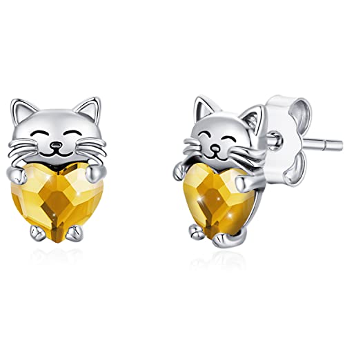 Katzen Ohrstecker Silber 925 Katze Ohrringe mit Geburtsstein Gelb Katzen Geschenke für Mädchen Katzen Schmuck für Damen Katze Liebhaber von CHENGHONG