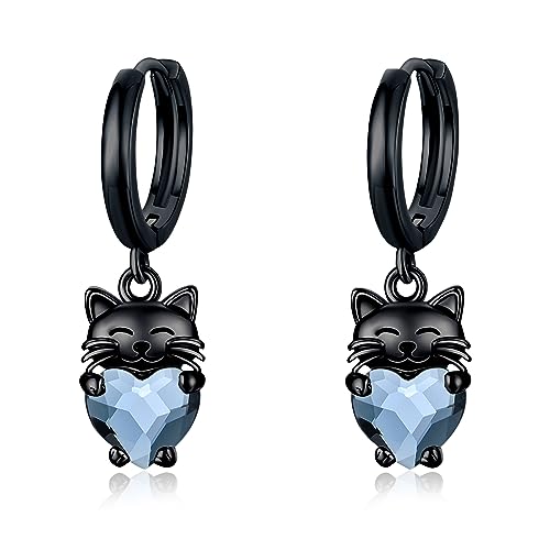 Schwarze Katze Ohrringe für Mädchen 925 Sterling Silber Schwarze Katze Tropfen Hängend Creolen Ohrringe mit Blauem Kristall Katze Geschenke Schmuck für Frauen von CHENGHONG