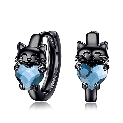 Schwarze Katzen Ohrringe 925 Silber Katzen Creolen Mädchen Hypoallergen Blau Kristall Katzen Schmuck Geschenke für Kinder Damen…… von CHENGHONG