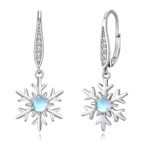 Weihnachtsohrringe 925 Sterling Silber Mondstein Schneeflocke Tropfen Hängend Creolen Ohrringe Weihnachtsschmuck Geschenke für Kinder Mädchen Damen… von CHENGHONG