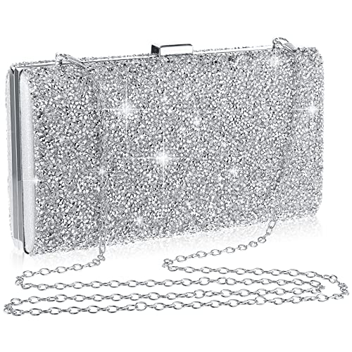 Clutch Geldbörse Abendtasche Frauen Strass Glitzer Handtasche Doppelseitig mit Kette Crossbody Geldbörse Schulter für Hochzeit Party, silber von CHENGU