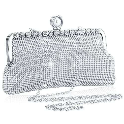 Clutch Geldbörse Abendtasche Frauen Strass Glitzer Handtasche Doppelseitig mit Kette Crossbody Geldbörse Schulter für Hochzeit Party (Silber, Eleganter Stil), silber, Elegant Style von CHENGU