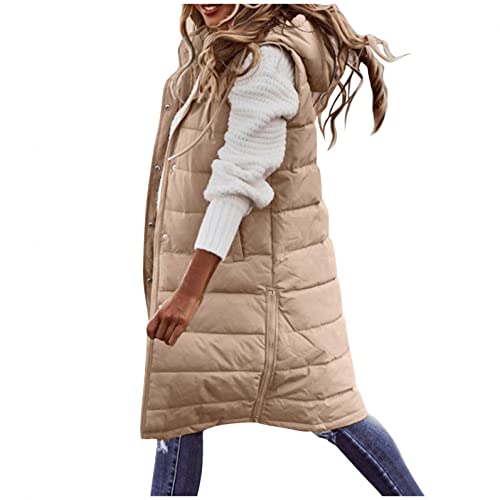 CHENGY Damen Lang Winterjacke Daunenjacke Warm Weste Jacke mit Kapuze Steppjacke Wintermantel Daunenmantel Slim Gilet Taschen, B-Khaki, 3XL von CHENGY