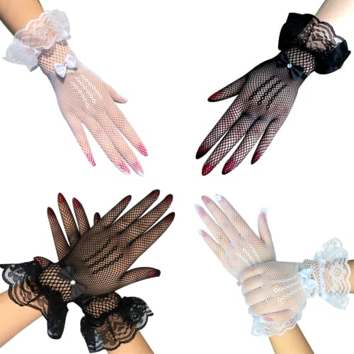 CHENGZI 2 Paar Stage Performance Handschuhe Kurze Spitze Prinzessin Handschuhe mit heller Diamantschleife für Hochzeit Etiquette Festzug Abschlussball von CHENGZI