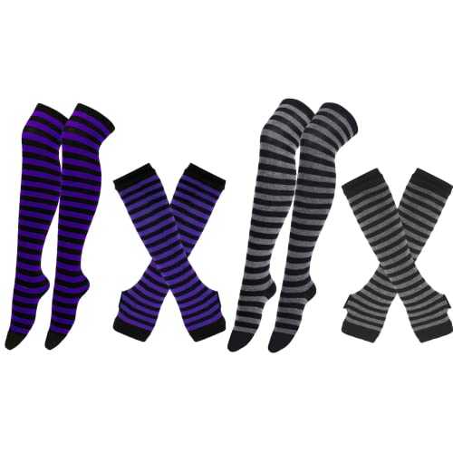 CHENGZI 2 Sets Handschuhe Socken Set Halloween Lustige Strümpfe Streifen Knie Oberschenkel Hohe Socken Armwärmer Fingerlose Handschuhe, Grau+Violett, One size von CHENGZI