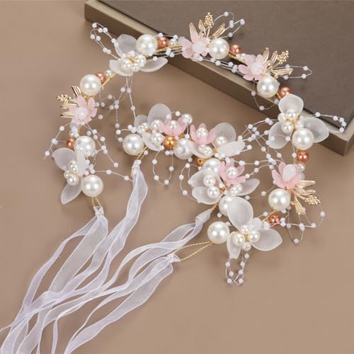 CHENGZI Blumenkranz-Kopf, Blumen-Haarbänder, Perlen, Haarband, Armband-Set (Rosa, Einheitsgröße) von CHENGZI