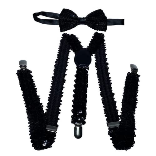 CHENGZI Damen und Herren Strapse Elastisch Y Rücken Strapse Hosenträger Erwachsene Strap Starke Clips Verstellbar Elastisch mit Fliege, BK Pailletten, One size von CHENGZI