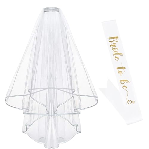 CHENGZI Frauen Braut zu sein gedruckt Schärpe mit Schulter Länge Schleier Party Set (White-Gold, Extra breit) von CHENGZI