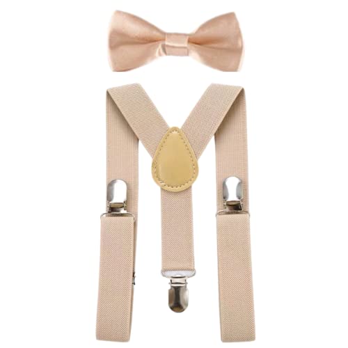 CHENGZI Kajeer Hosenträger-Set für Kinder, verstellbare elastische Hosenträger mit Fliege für Jungen und Mädchen, beige, One size von CHENGZI