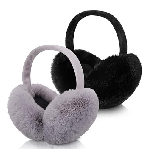 CHENKEE 2 Stück Winter Ohrenwärmer, Ohrenwärmer Damen Ohrenwärmer Damen Faltbare Winter Plüsch Ohrenwärmer Faltbare Plüsch Ohrenschützer Kunstpelz Warm Ohrenschützer für Damen Männer (Schwarz, Grau) von CHENKEE