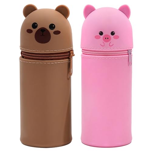 CHENKEE 2 Stück Silikon Federmäppchen,2-in-1Silikon Federmappe,Schlampermäppchen,Stifte Mäppchen，Schön Stehendes Mäppchen(Braun, Rosa) von CHENKEE