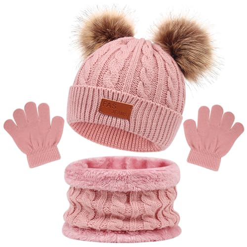 CHENKEE Kinder Wintermütze Schal Handschuhe Set, 3 Stück Winter Beanie Hut Schal Handschuhe Set Baby Mütze Beanie Mütze Mädchen Strickmütze für Kinder 3-8 Jahre (Rosa) von CHENKEE